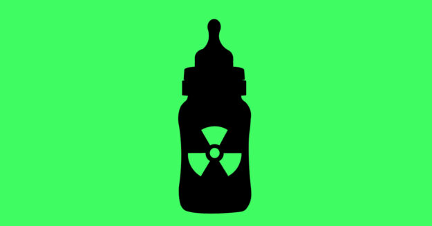toxic baby food bottle silhouette with hazardous materials sign on it against a neon green background